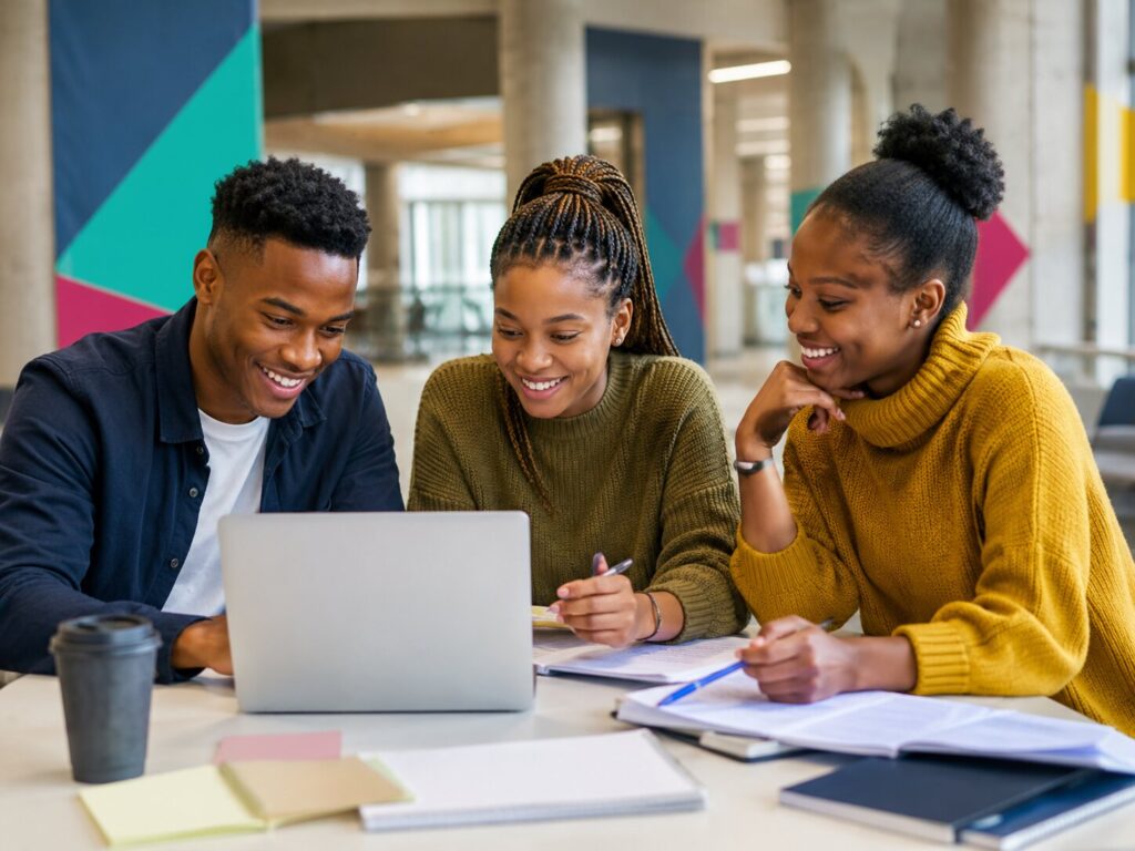 Three South African university students collaborating around a laptop and study notes
